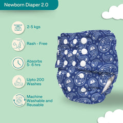 Indigo - Newborn Cloth Diaper 2.0 with 1 cotton Insert (2 kg - 5 kg)