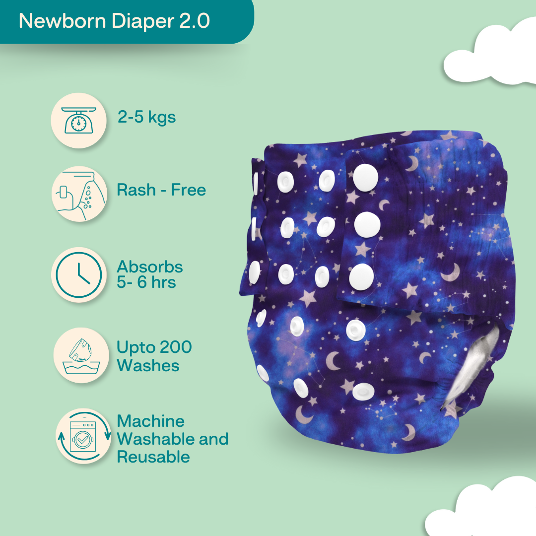Indigo - Newborn Cloth Diaper 2.0 with 1 cotton Insert (2 kg - 5 kg)
