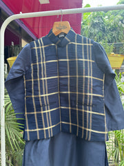 Boys Navy Blue Kurta Set with Gold Check Nehru Jacket – Premium Festive & Wedding Outfit (Age 5 to 7 Years)