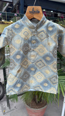 Boys Blue-Gold Jacquard Royal Kurta Set With Antique Buttons & Cotton Lining – Premium Wedding & Festive Wear (1–7 Years)