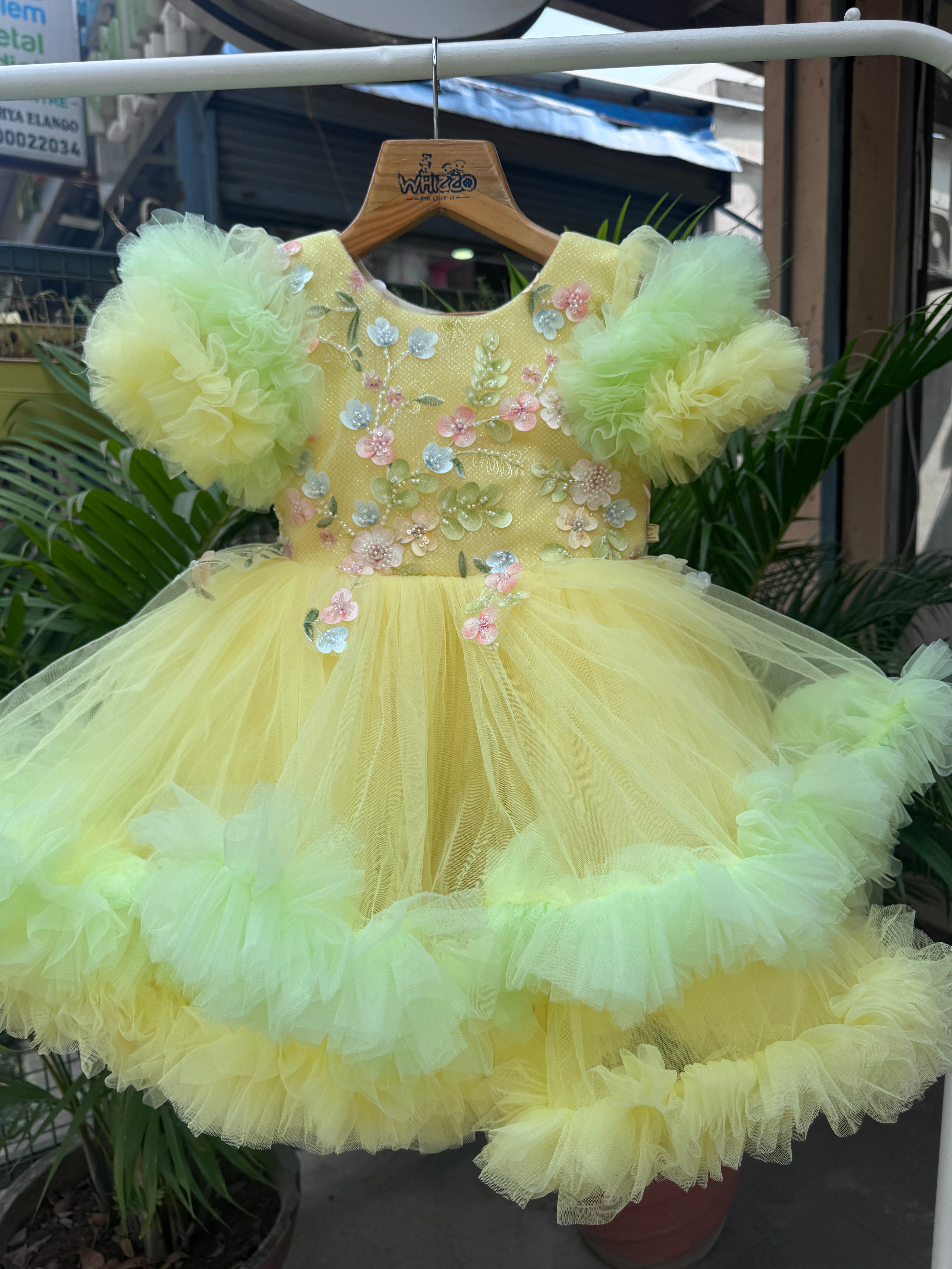 Yellow & Mint Green Tulle Party Frock with Floral Embroidery (1–4 Years)