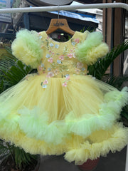 Yellow & Mint Green Tulle Party Frock with Floral Embroidery (1–4 Years)