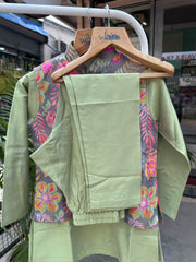 Boys Sage Green Kurta Set with Multicolor Floral Nehru Jacket – Festive & Wedding Ethnic Outfit (Age 5 to 7 Years)