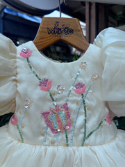 White hand embroidered dressCream Puff-Sleeve Floral Embroidered Party Frock – Age 1–4 Years