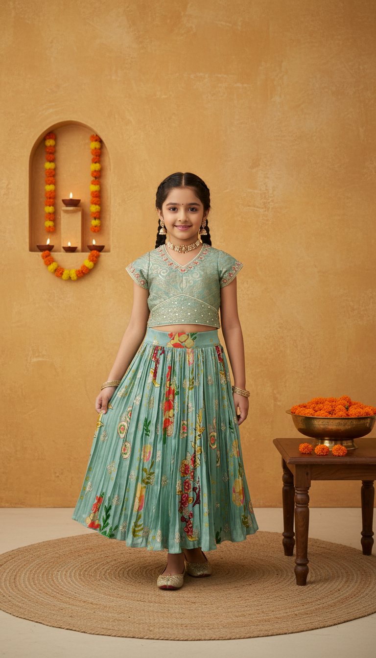 Whizzo Kids Mint Green Floral Festive Lehenga Set for Girls – Elegant Embroidered Celebration Wear (Age 1 Year to 7 Years)