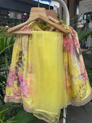 Mustard Yellow Floral Printed Lehenga Set with Sequin Embellished Sleeveless Blouse & Lace Hem – Premium Festive Wear for Girls | Ages 1–6 Years / 6–12 Years