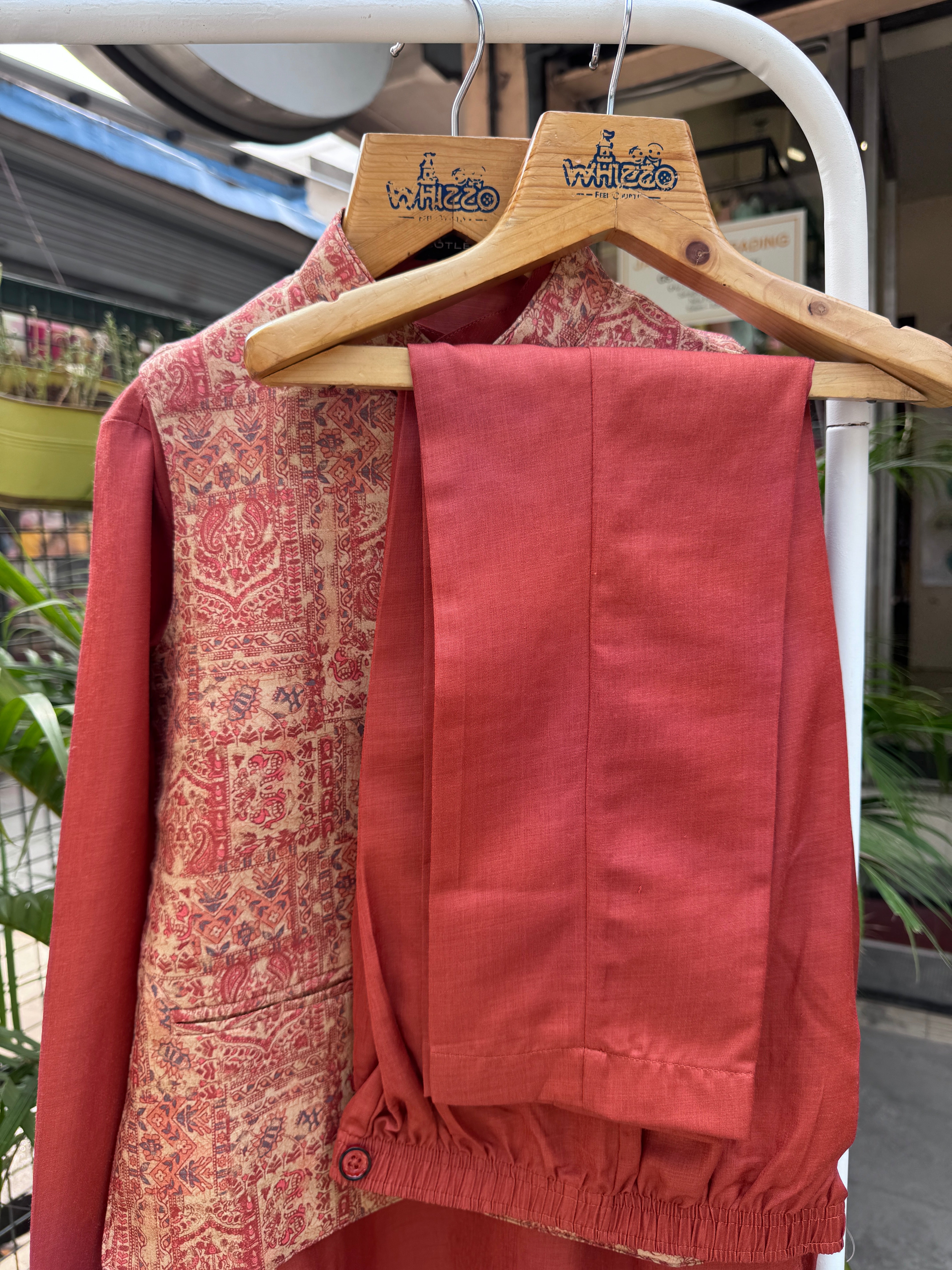 Boys Terracotta Kurta Set with Beige Brocade Nehru Jacket – Elegant Festive & Wedding Outfit (Age 5 to 7 Years)