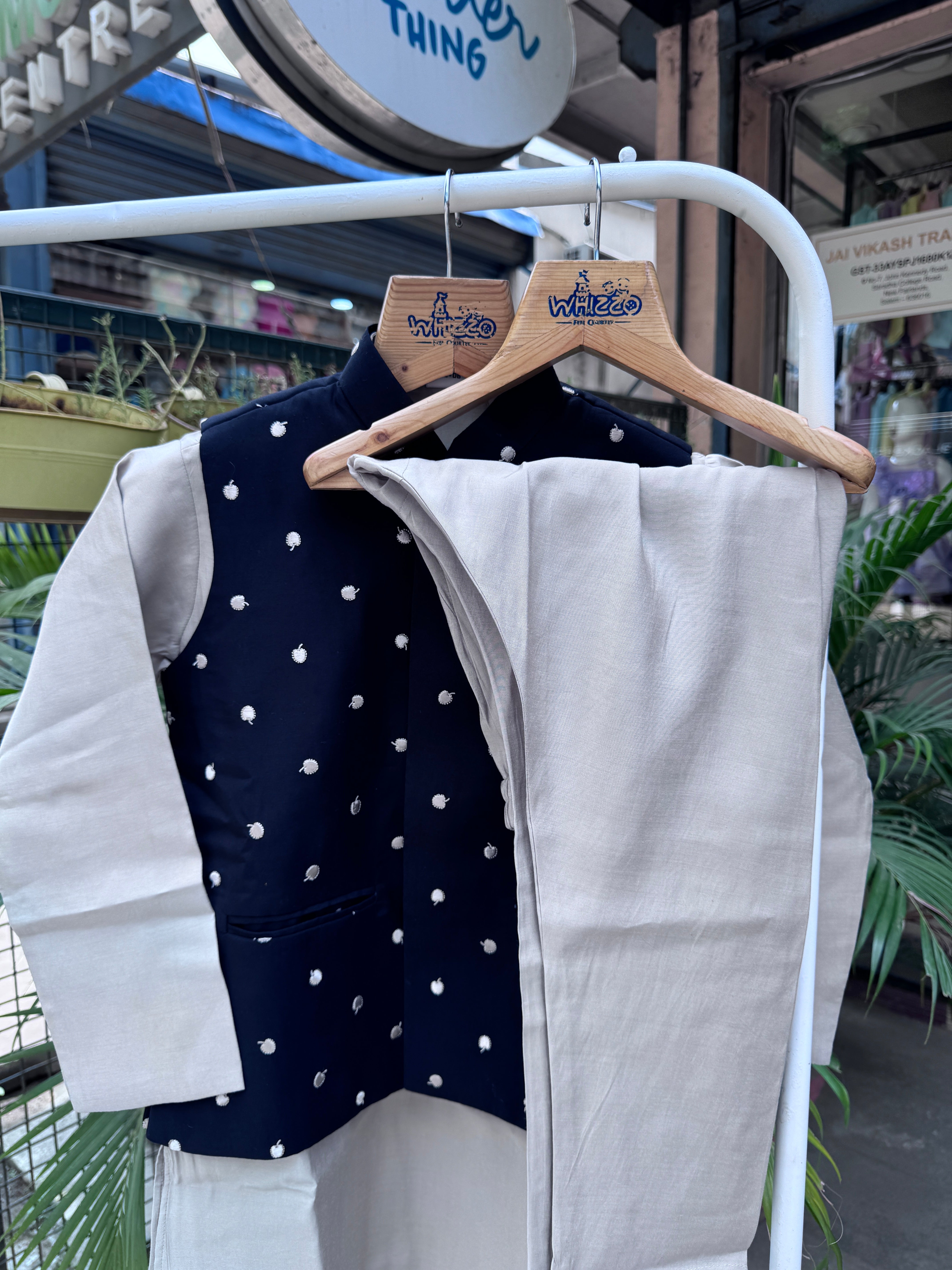 Boys Black Polka Embroidered Jacket With Beige Kurta Set – Cotton-Lined Classic Festive Wear (Age 5–7 Years)