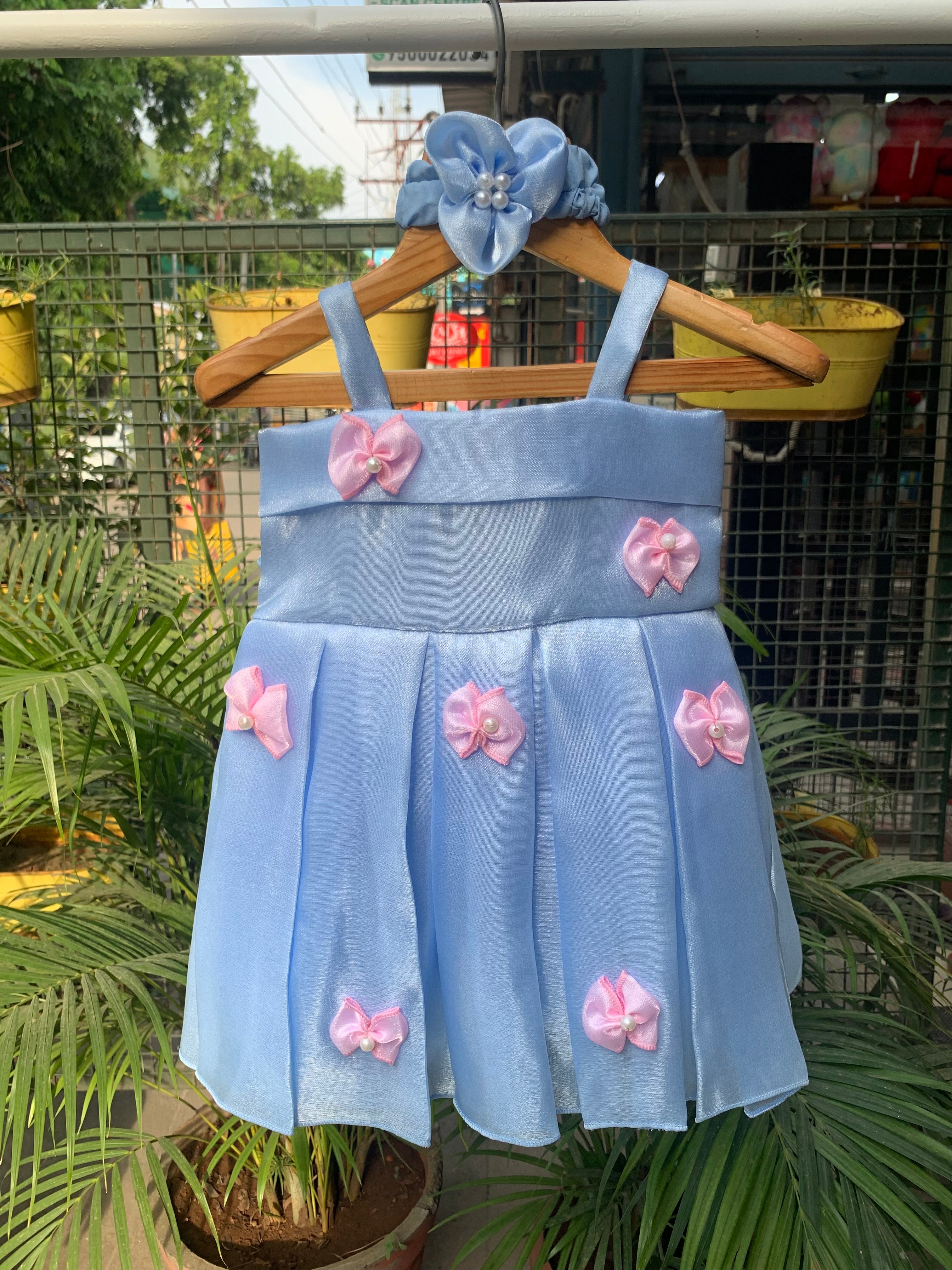 Blue Dress with Pink Bows