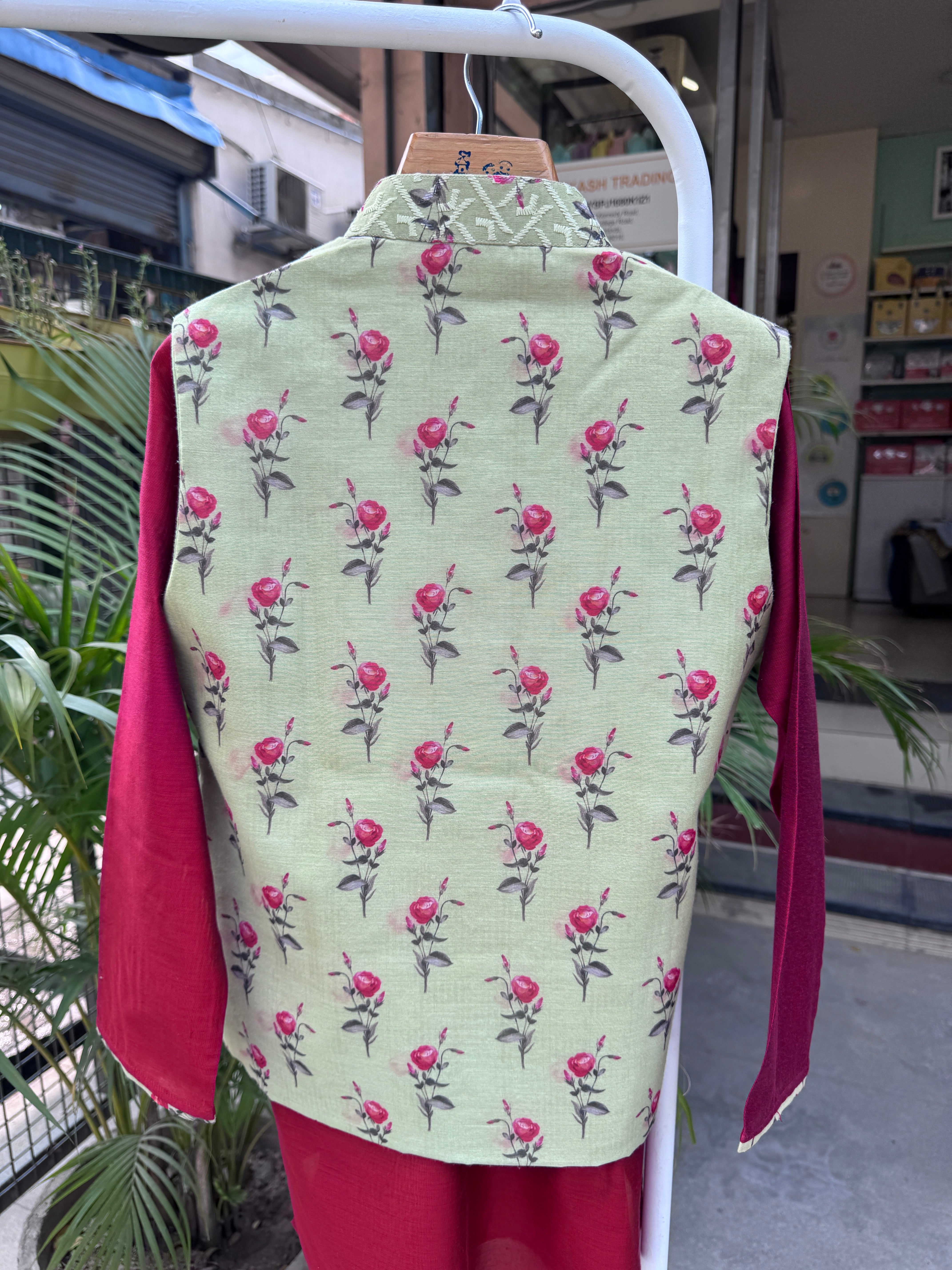 Boys Olive Floral Nehru Jacket with Maroon Kurta Pajama | Royal Festive & Wedding Outfit (5–7 Years) – With Cotton Lining