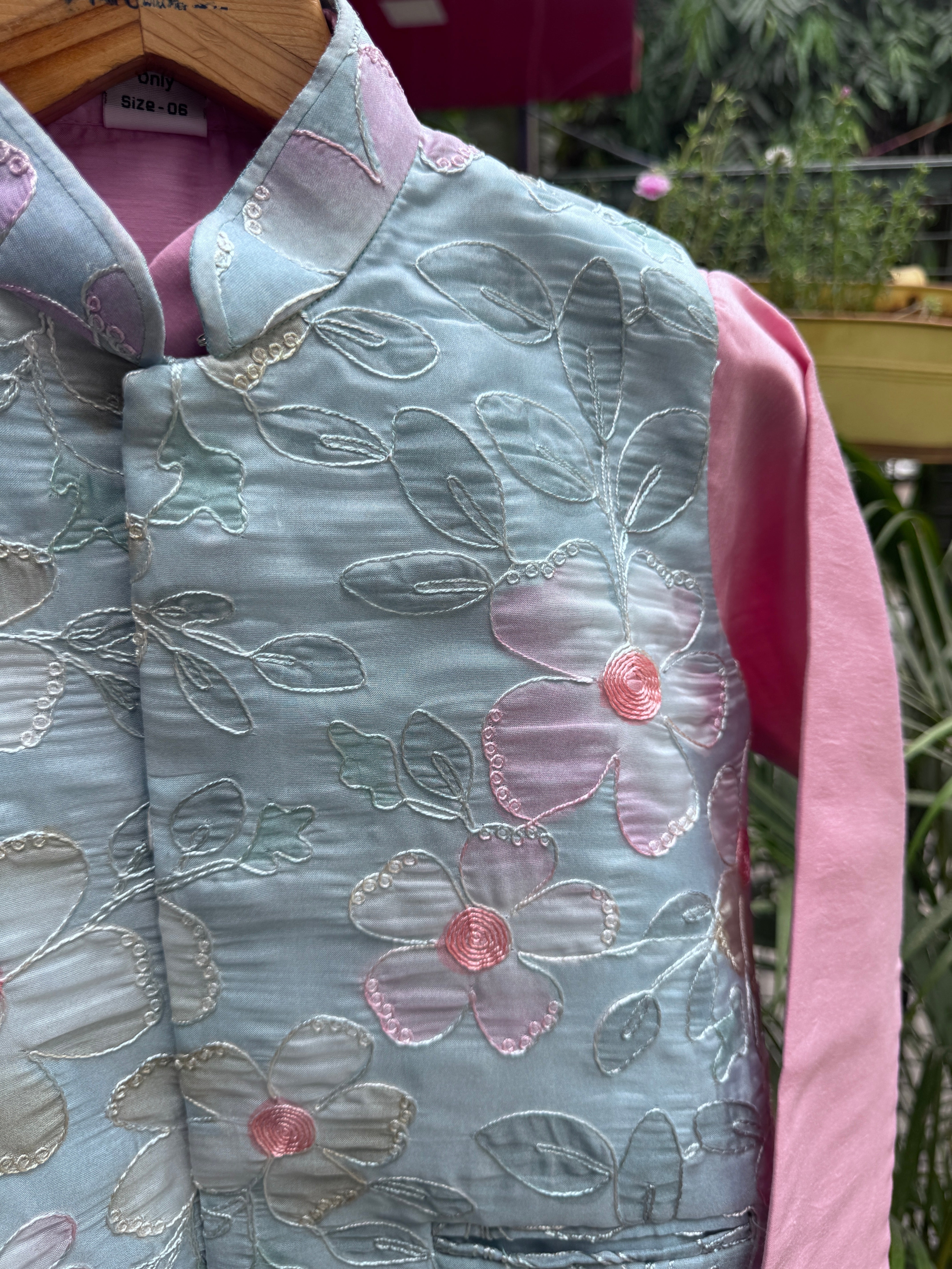 Boys Aqua Floral Nehru Jacket & Baby Pink Kurta Pajama Set | Premium Festive Ethnic Wear (5–7 Years) – With Soft Cotton Lining