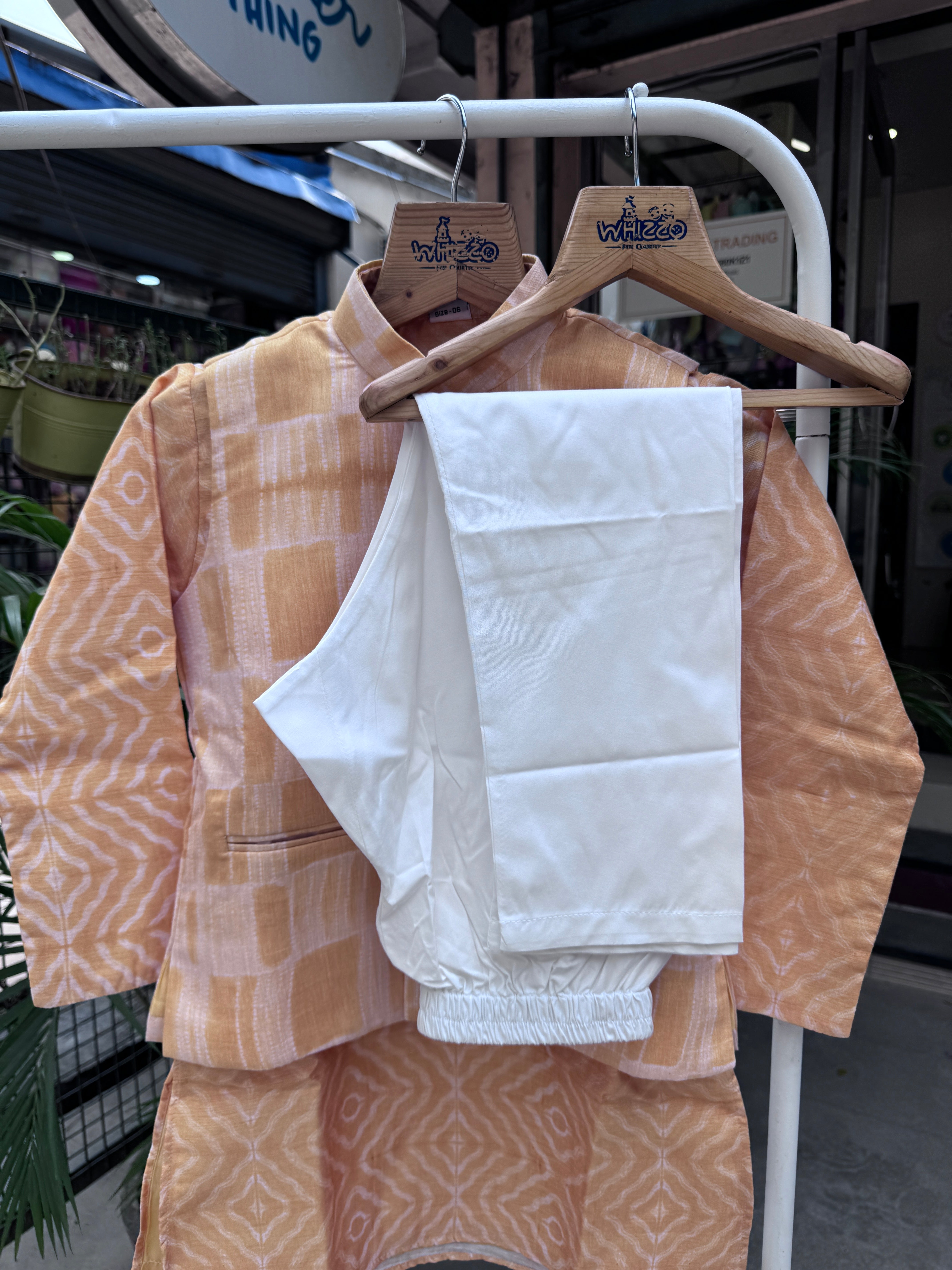 Boys Orange Ikat Jacket & Kurta with White Pajama | Summer Festive Wear Set (5–7 Years) – With Cotton Lining