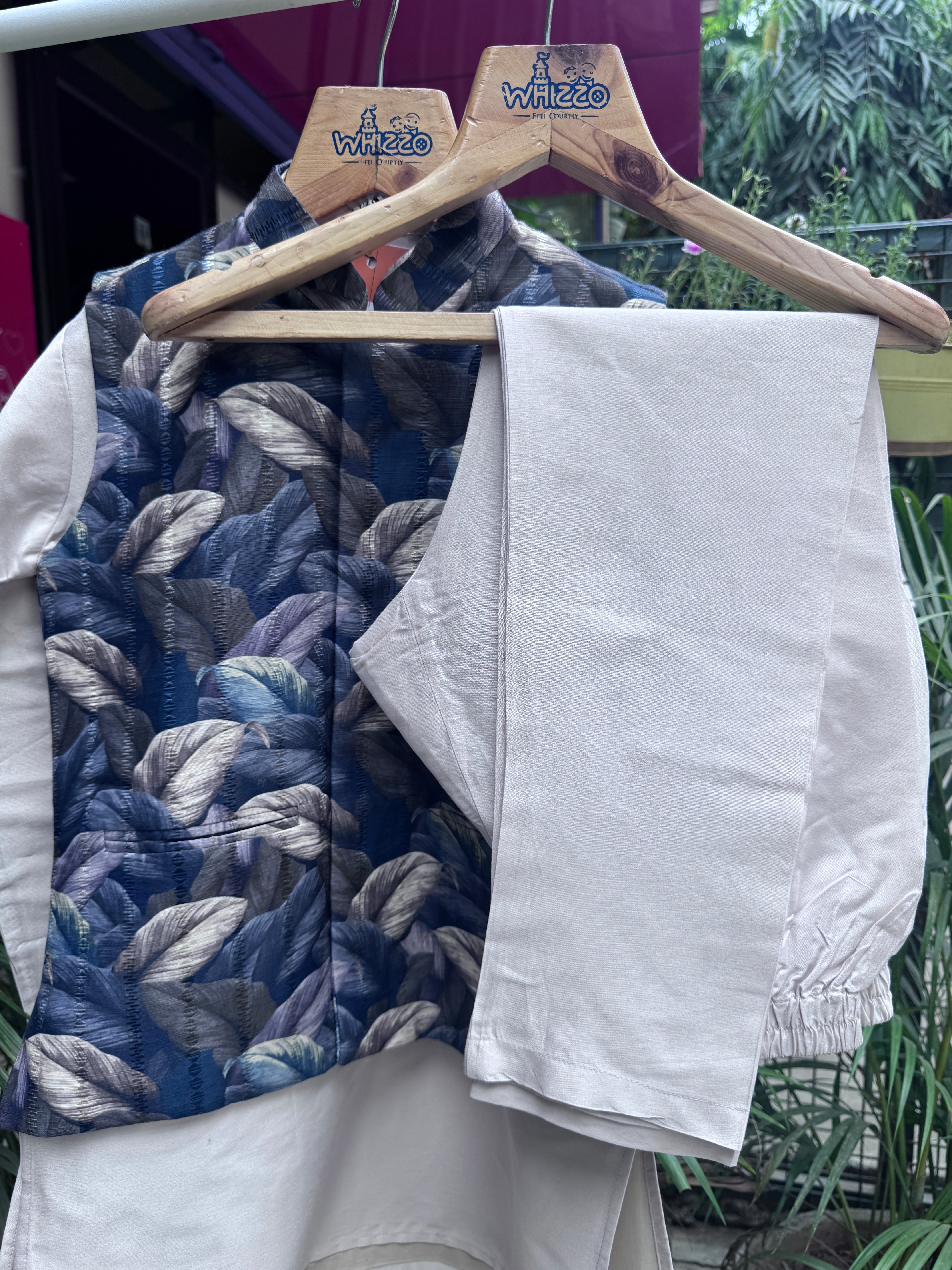 Boys Cream Kurta Set With Blue Feather Pattern Jacket – Cotton-Lined Stylish Festive Wear (Age 5–7 Years)