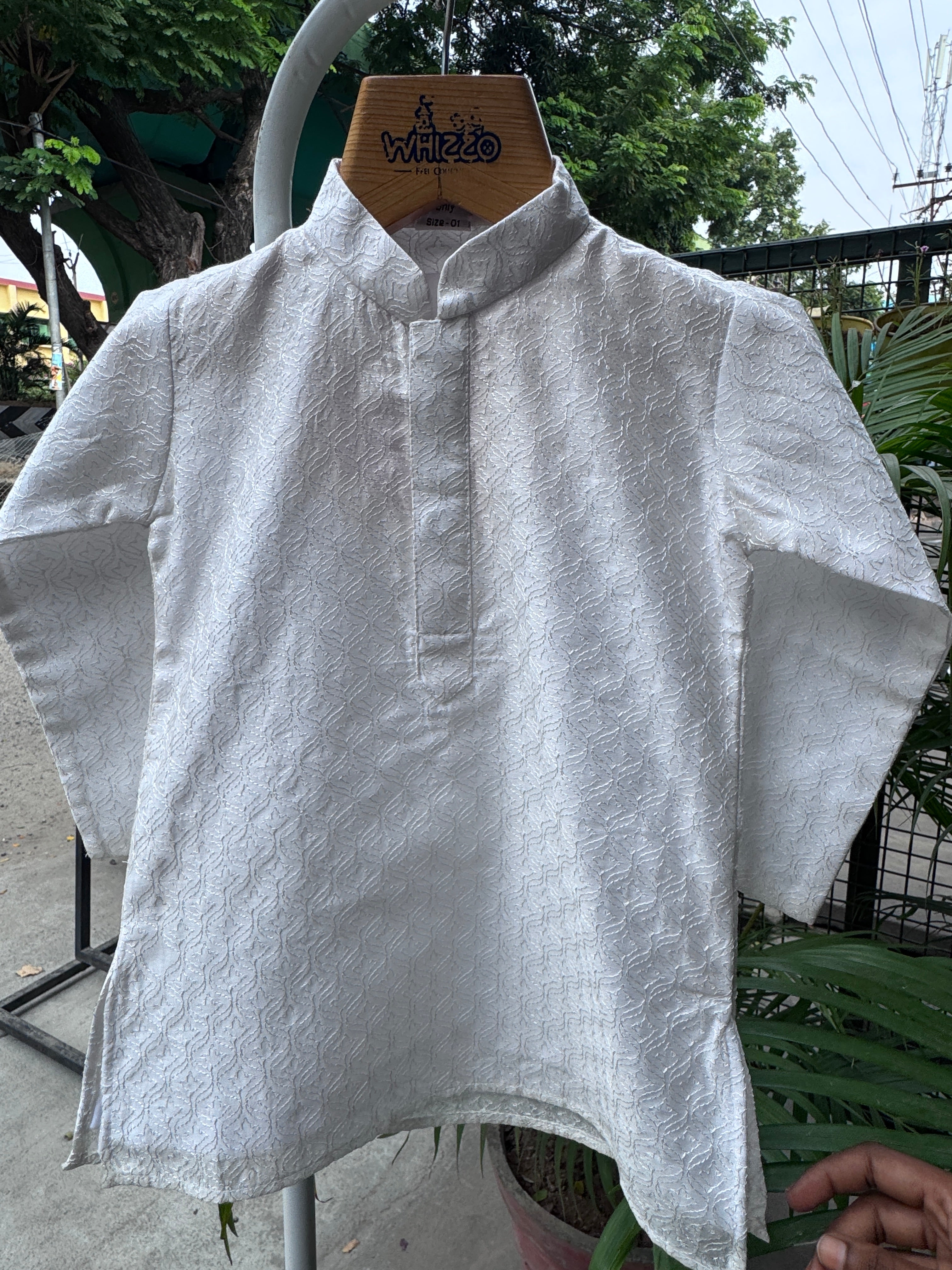 Boys Pure White Textured Kurta Set With Cotton Lining – Elegant Traditional Wear (1–7 Years)