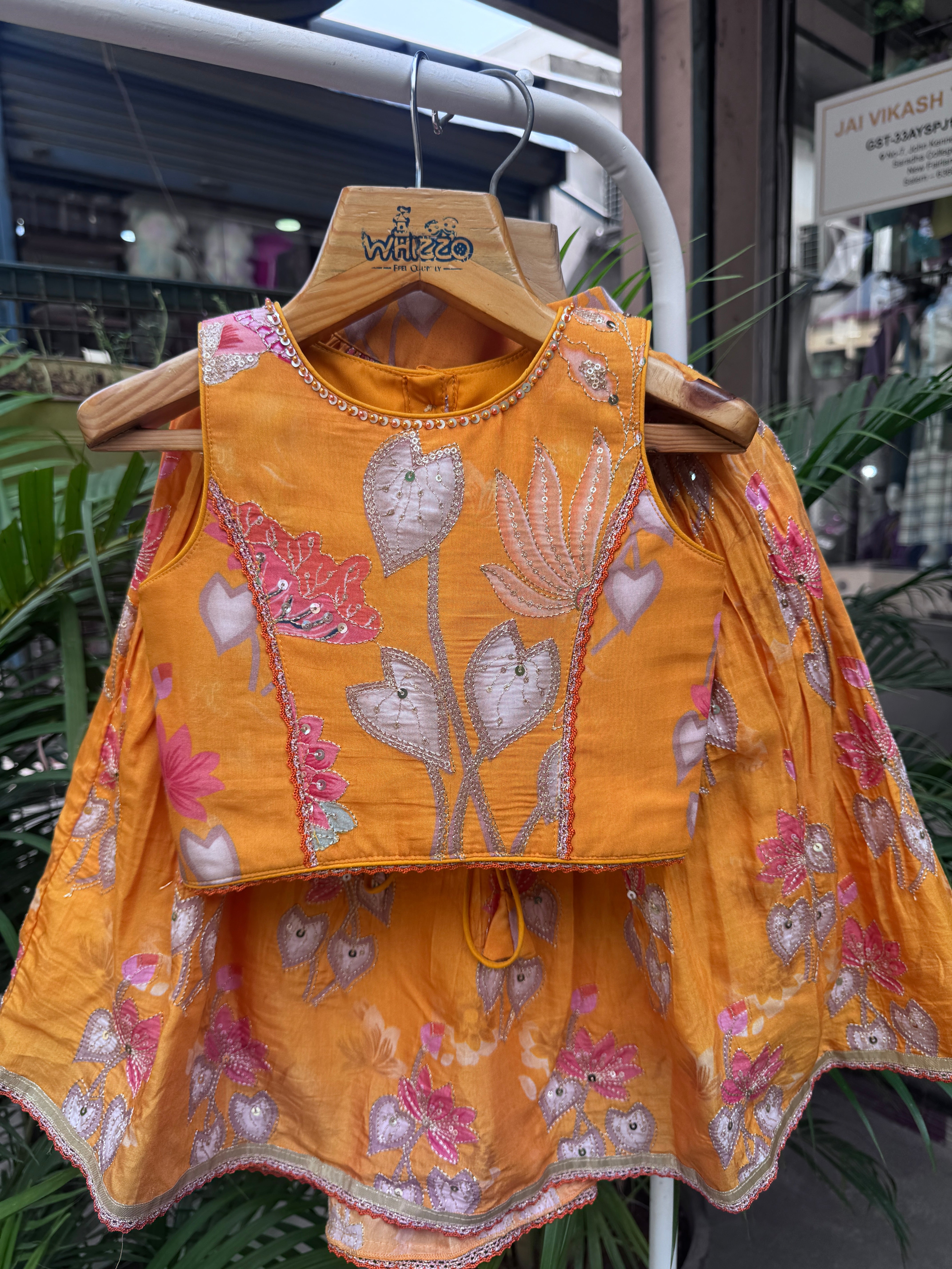 Mustard Yellow Floral Embroidered Sleeveless Lehenga Set for Girls | Lightweight Festive & Wedding Wear | Ages 1–6 Years / 6–12 Years