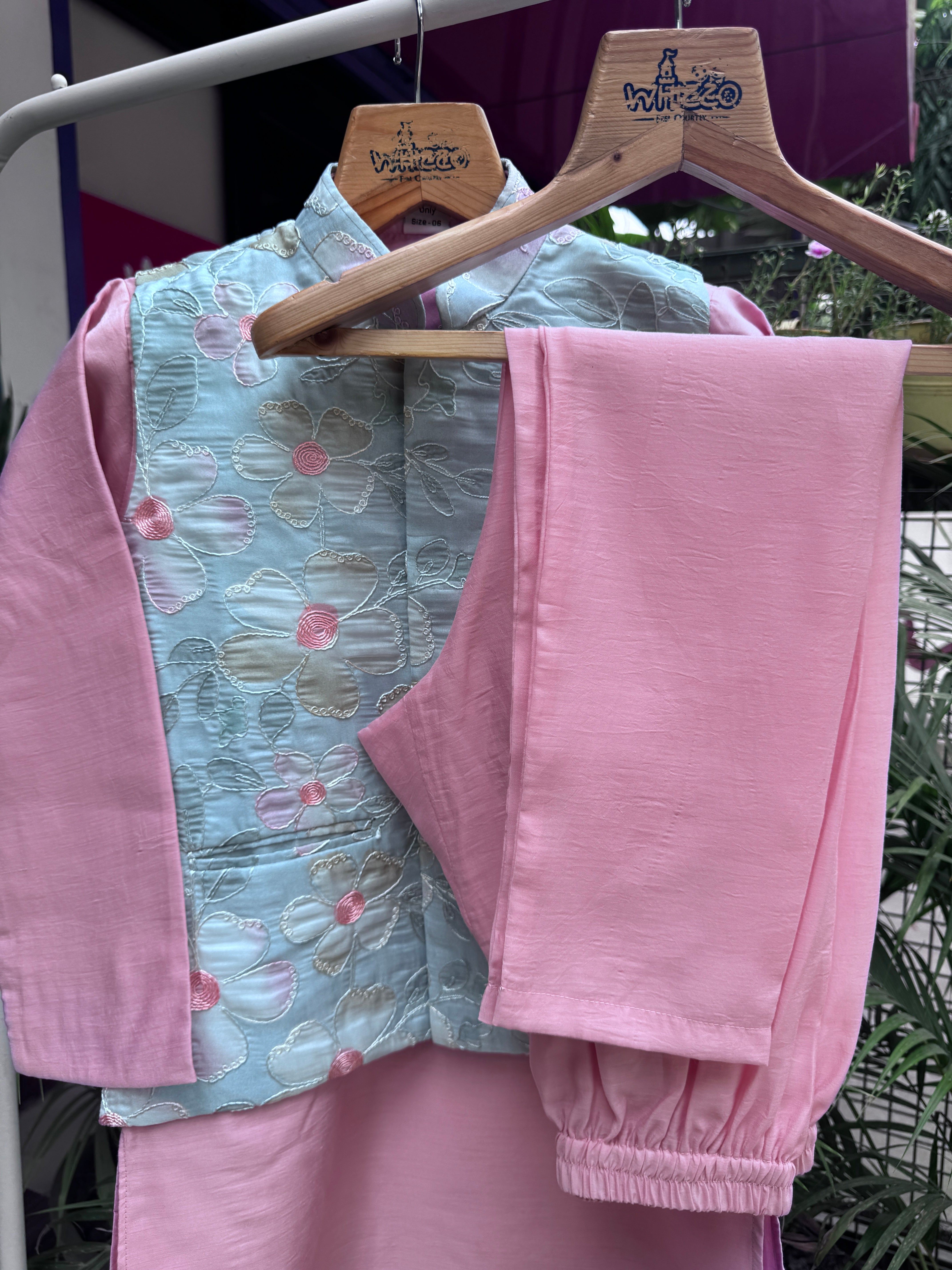 Boys Aqua Floral Nehru Jacket & Baby Pink Kurta Pajama Set | Premium Festive Ethnic Wear (5–7 Years) – With Soft Cotton Lining