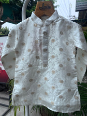 Boys Ivory Kurta Set With Gold Self-Embroidery – Cotton-Lined Premium Traditional Wear (1–7 Years)