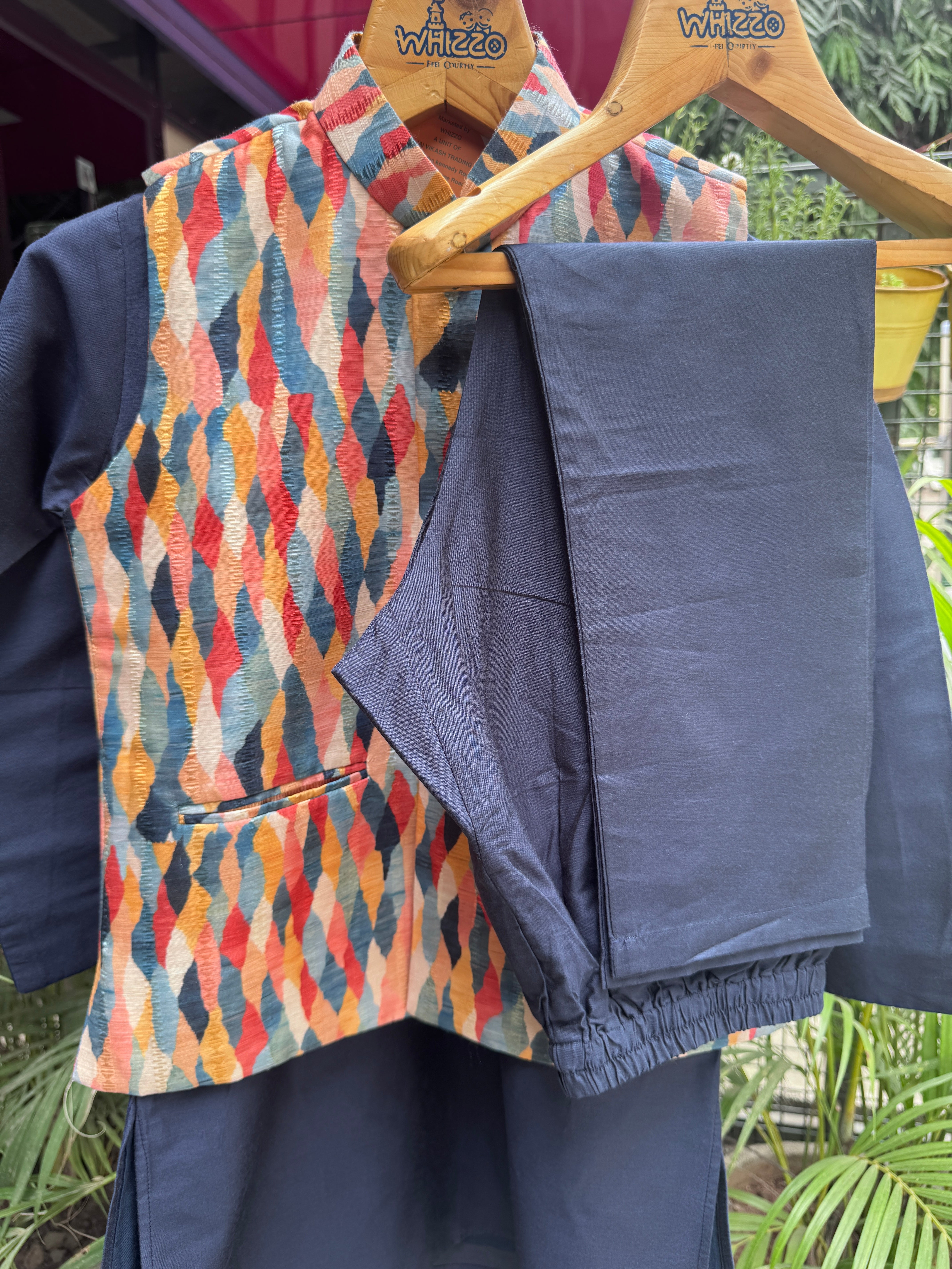 Boys Navy Kurta Set with Multicolor Geometric Printed Nehru Jacket – Festive & Wedding Wear with Cotton Lining (Age 5 to 7 Years)