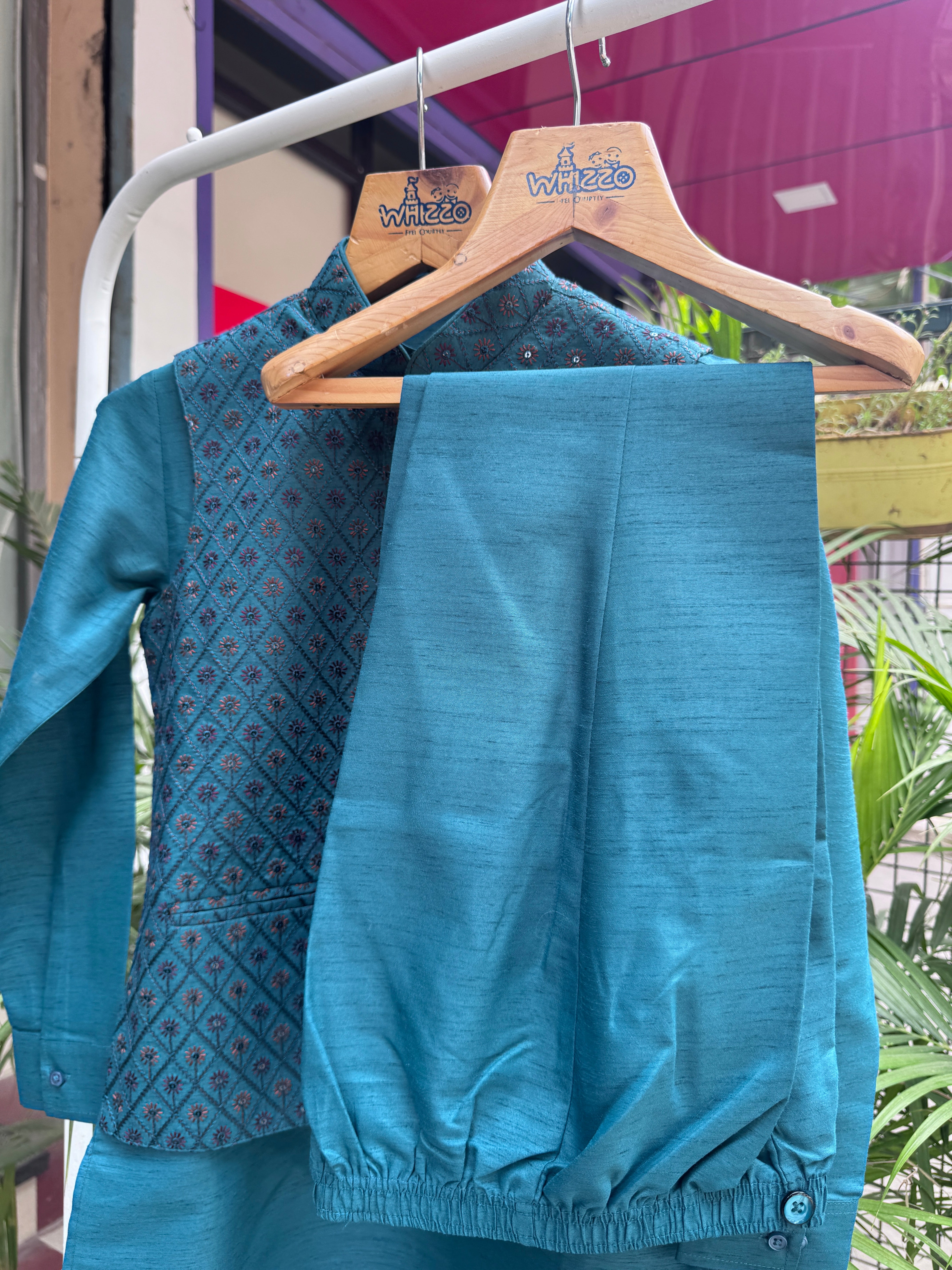 Boys Teal Blue Kurta Set with Brocade Nehru Jacket – Classic Festive & Wedding Wear with Cotton Lining (Age 1 to 7 Years)