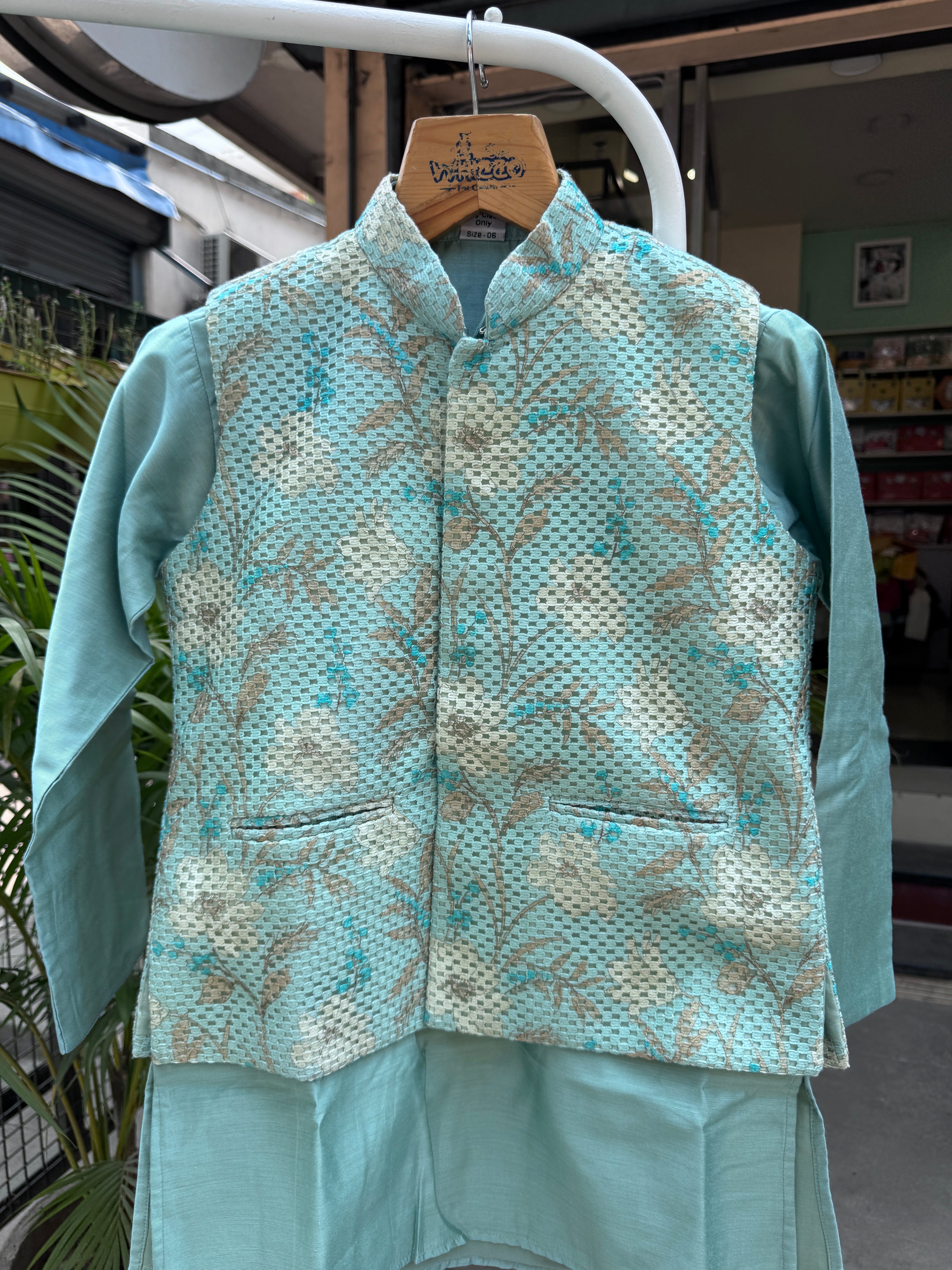 Boys Mint Green Embroidered Jacket Kurta Set With Cotton Lining – Festive Premium Outfit (Age 5–7 Years)