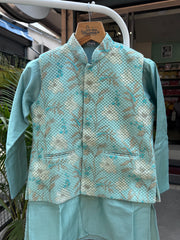 Boys Mint Green Embroidered Jacket Kurta Set With Cotton Lining – Festive Premium Outfit (Age 5–7 Years)