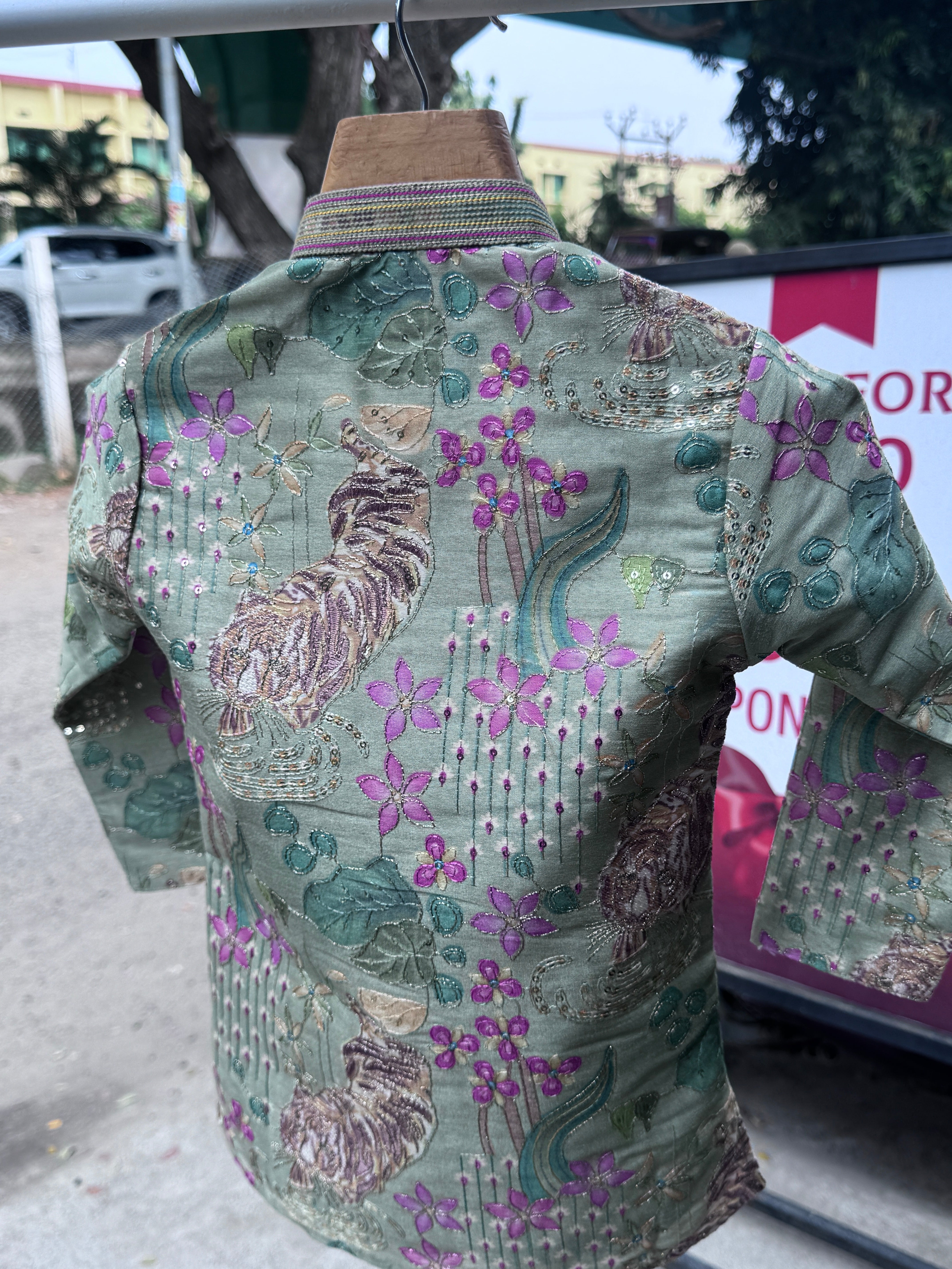 Boys Mint Green Tiger & Floral Embroidered Kurta Set With Cotton Lining – Premium Festive Wear (1–7 Years)