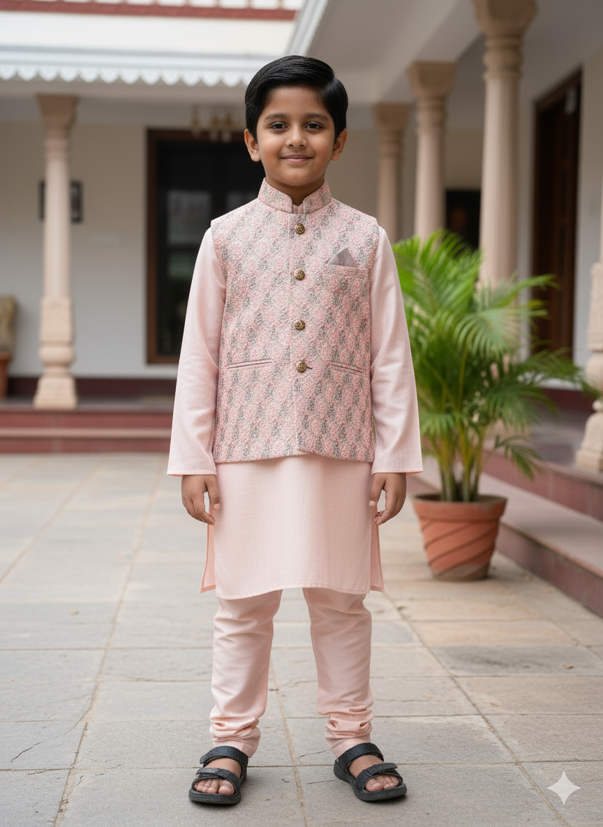 Boys Blush Pink Kurta Set with Subtle Textured Pastel Nehru Jacket – Elegant Festive Outfit with Cotton Lining (Age 5 to 7 Years)