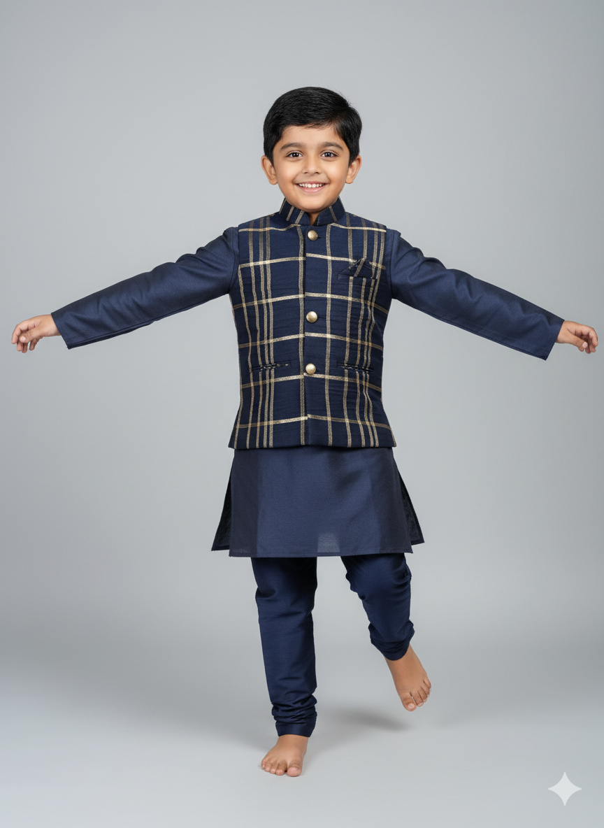 Boys Navy Blue Kurta Set with Gold Check Nehru Jacket – Premium Festive & Wedding Outfit (Age 5 to 7 Years)