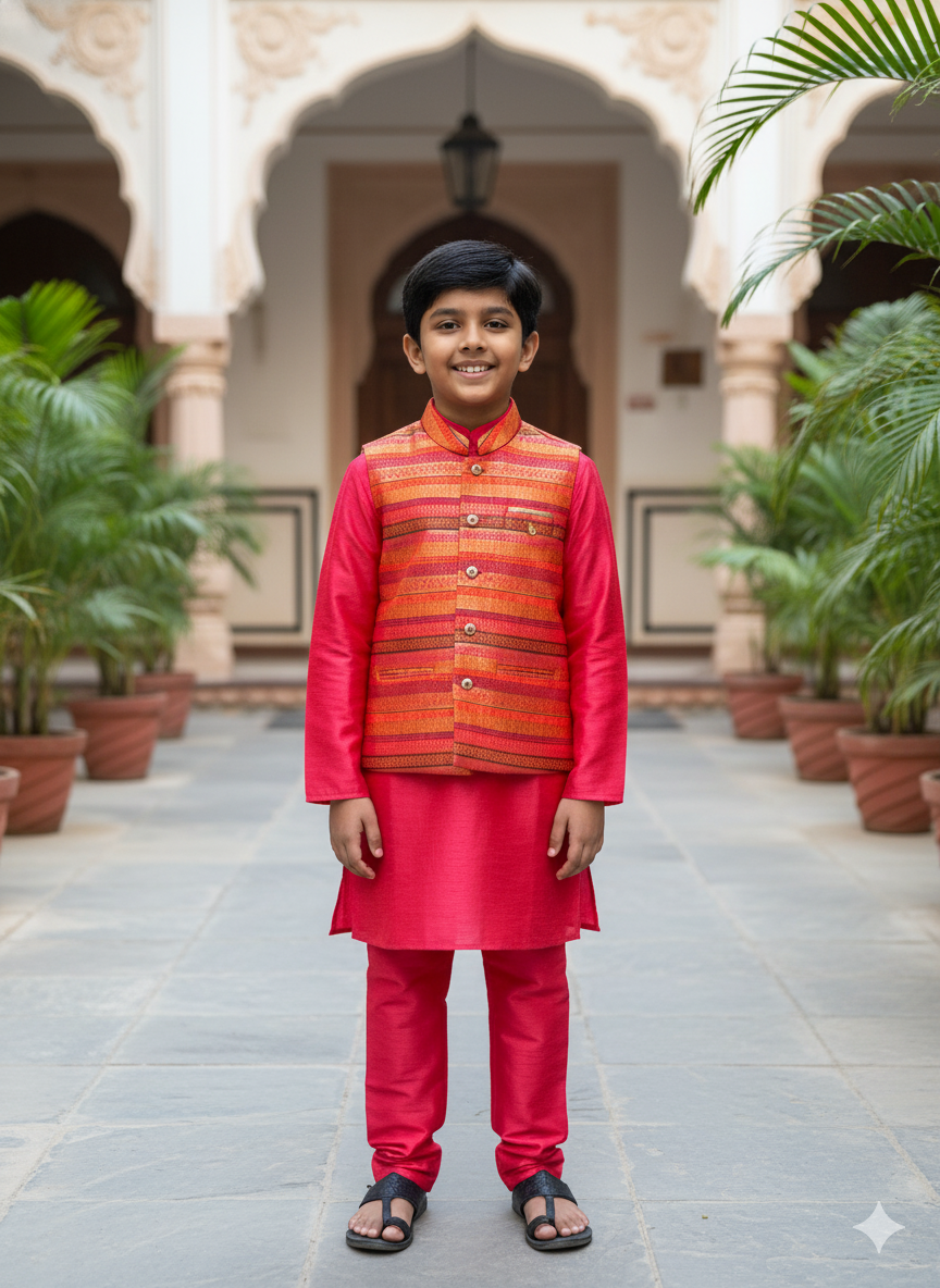 "The 'Rajput Prince' Kurta Set: Radiant Red Silk Kurta with Striped Nehru Jacket for Boys (Ages 5-7)"