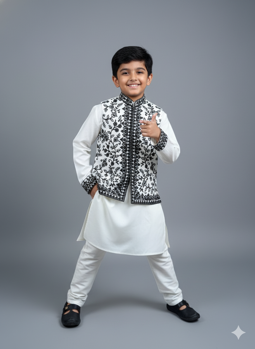 Boys White Kurta Set with Black Thread Embroidered Nehru Jacket – Royal Festive & Occasion Wear (Age 5 to 7 Years)