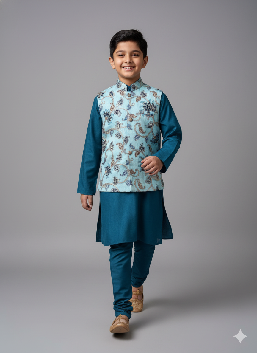 Boys Teal Blue Kurta Set with Light Blue Paisley Nehru Jacket – Stylish Festive & Party Wear (Age 5 to 7 Years)