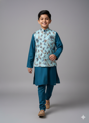 Boys Teal Blue Kurta Set with Light Blue Paisley Nehru Jacket – Stylish Festive & Party Wear (Age 5 to 7 Years)