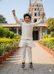 Boys Ivory Kurta Set with Subtle Threadwork Nehru Jacket – Traditional Festive Outfit with Cotton Lining (Age 5 to 7 Years)