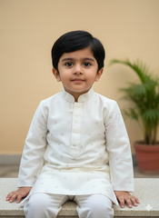 Boys Ivory White Embroidered Kurta Set With Cotton Lining – Timeless Festive Classic (Age 1 – 7 Years)