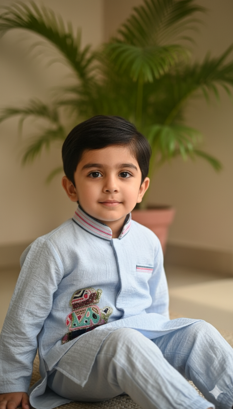 Boys Light Blue Embroidered Kurta Set with Matching Pants – Elegant Festive & Casual Ethnic Wear (Age 1 to 7 Years)
