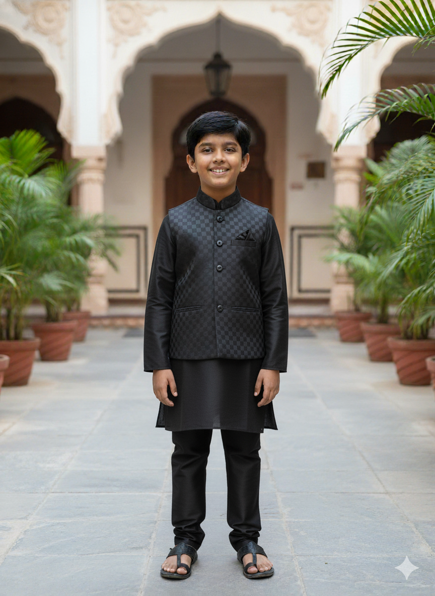 Boys Classic Black Kurta Set with Textured Nehru Jacket – Elegant Festive & Wedding Party Wear Outfit (Age 5 to 7 Years)