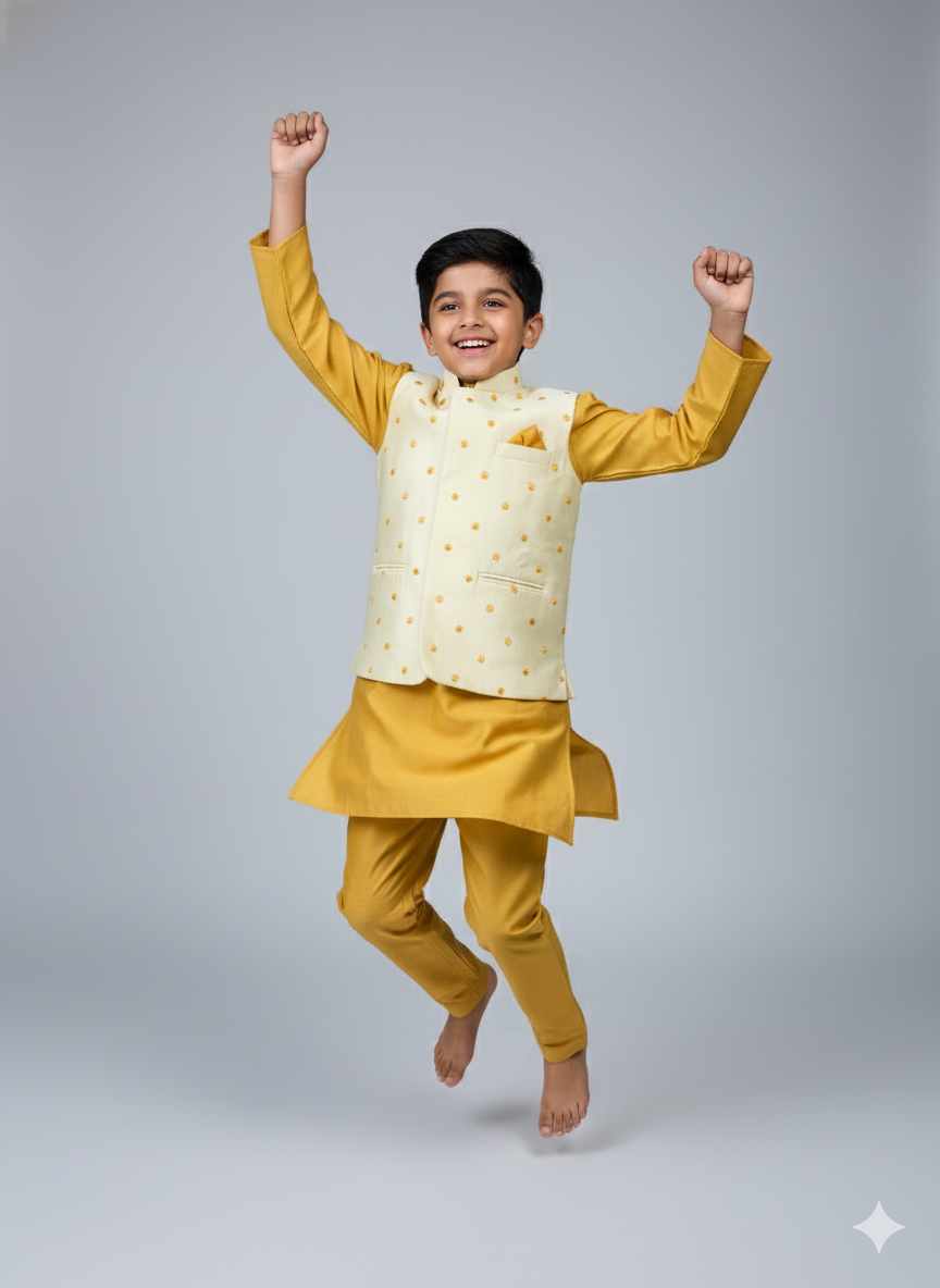 Boys Mustard Yellow Kurta Set with Cream Embroidered Nehru Jacket – Festive & Wedding Ethnic Outfit (Age 5 to 7 Years)