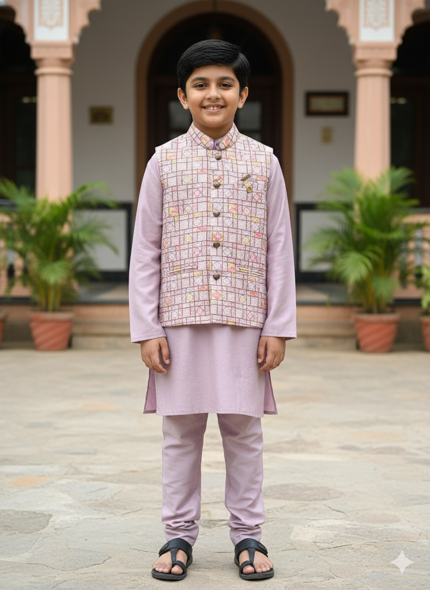 Boys Lilac Kurta Set with Textured Grid Brocade Nehru Jacket – Festive & Wedding Outfit with Cotton Lining (Age 5 to 7 Years)