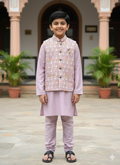 Boys Lilac Kurta Set with Textured Grid Brocade Nehru Jacket – Festive & Wedding Outfit with Cotton Lining (Age 5 to 7 Years)