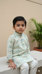 Boys Mint Diamond Embroidered Kurta Set With Cotton Lining – Premium Festive Wear (1–7 Years)