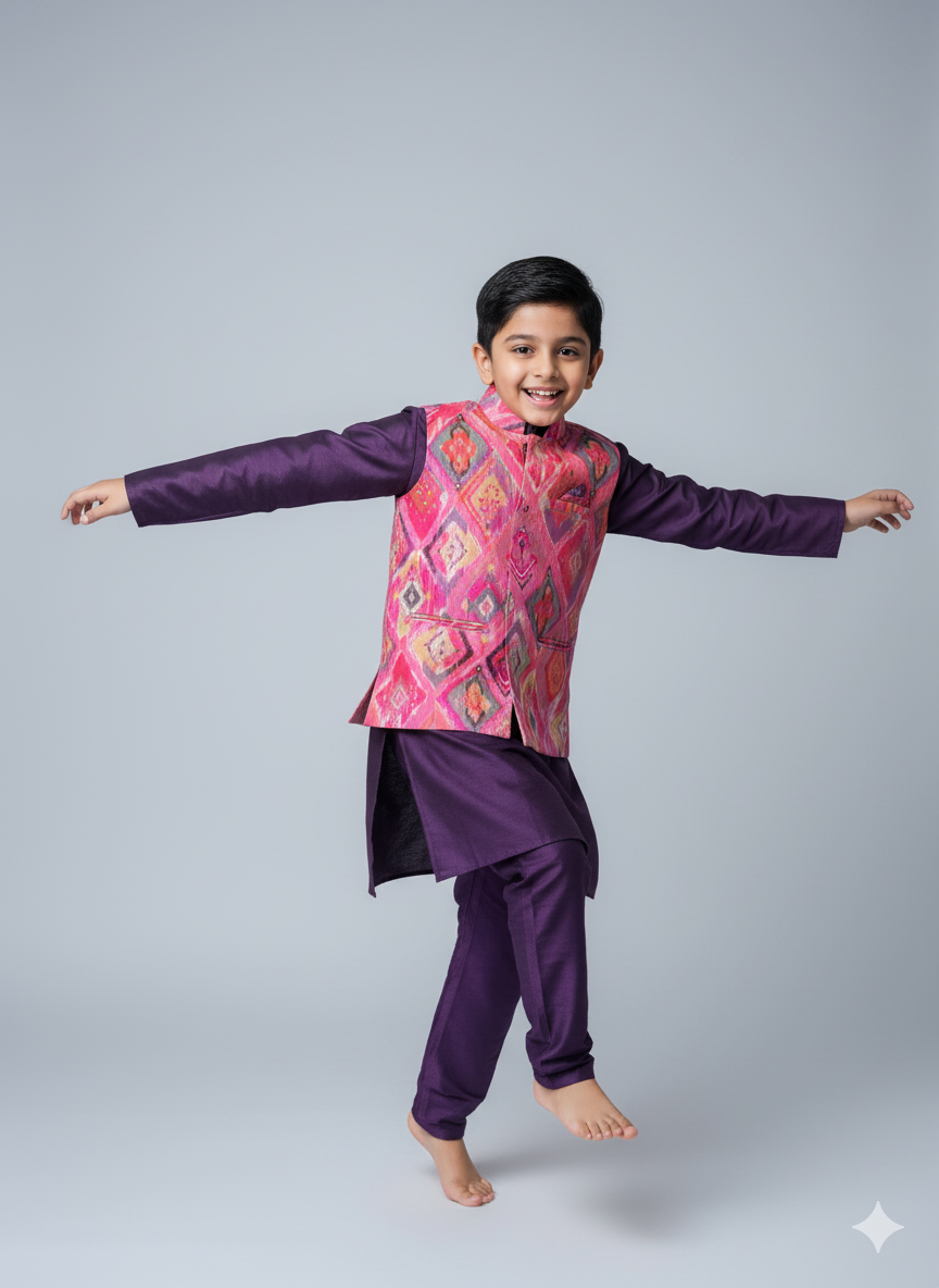 Boys Purple Kurta Set with Multicolor Ikat Print Nehru Jacket – Vibrant Festive & Party Wear (Age 5 to 7 Years)