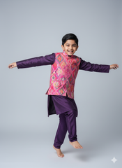 Boys Purple Kurta Set with Multicolor Ikat Print Nehru Jacket – Vibrant Festive & Party Wear (Age 5 to 7 Years)