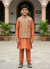 Boys Terracotta Kurta Set with Beige Brocade Nehru Jacket – Elegant Festive & Wedding Outfit (Age 5 to 7 Years)
