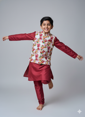 Boys Maroon Kurta Set with White Floral Embroidered Nehru Jacket – Stylish Festive & Party Wear (Age 5 to 7 Years)