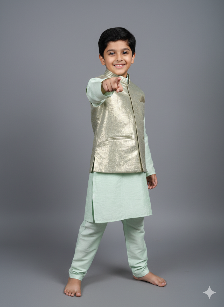 Boys Mint Green Kurta Set with Gold Metallic Nehru Jacket – Modern Festive & Party Wear with Cotton Lining (Age 5 to 7 Years)
