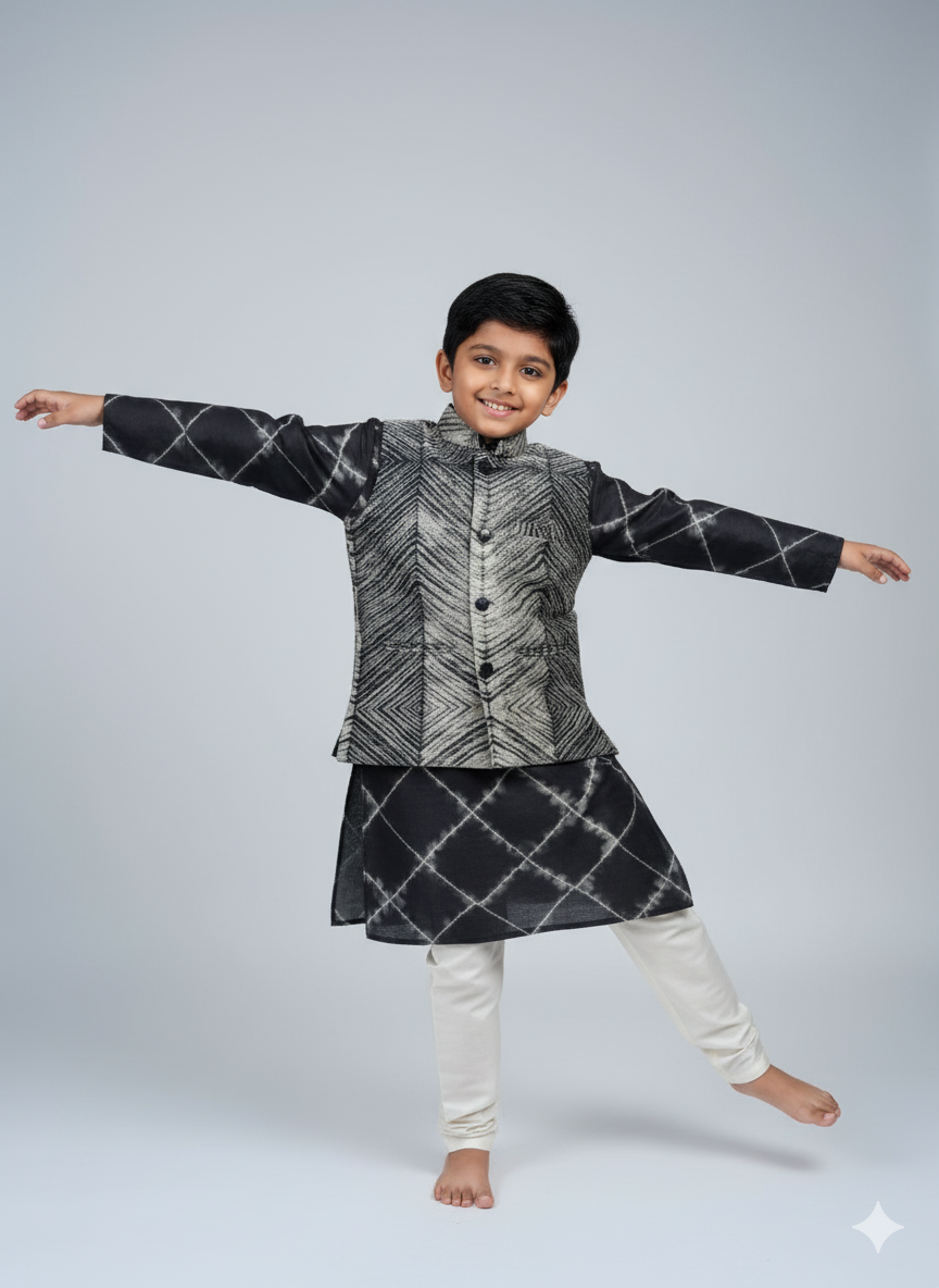 Boys Black & Ivory Kurta Set with Geometric Nehru Jacket – Elegant Festive Outfit with Cotton Lining (Age 5 to 7 Years)