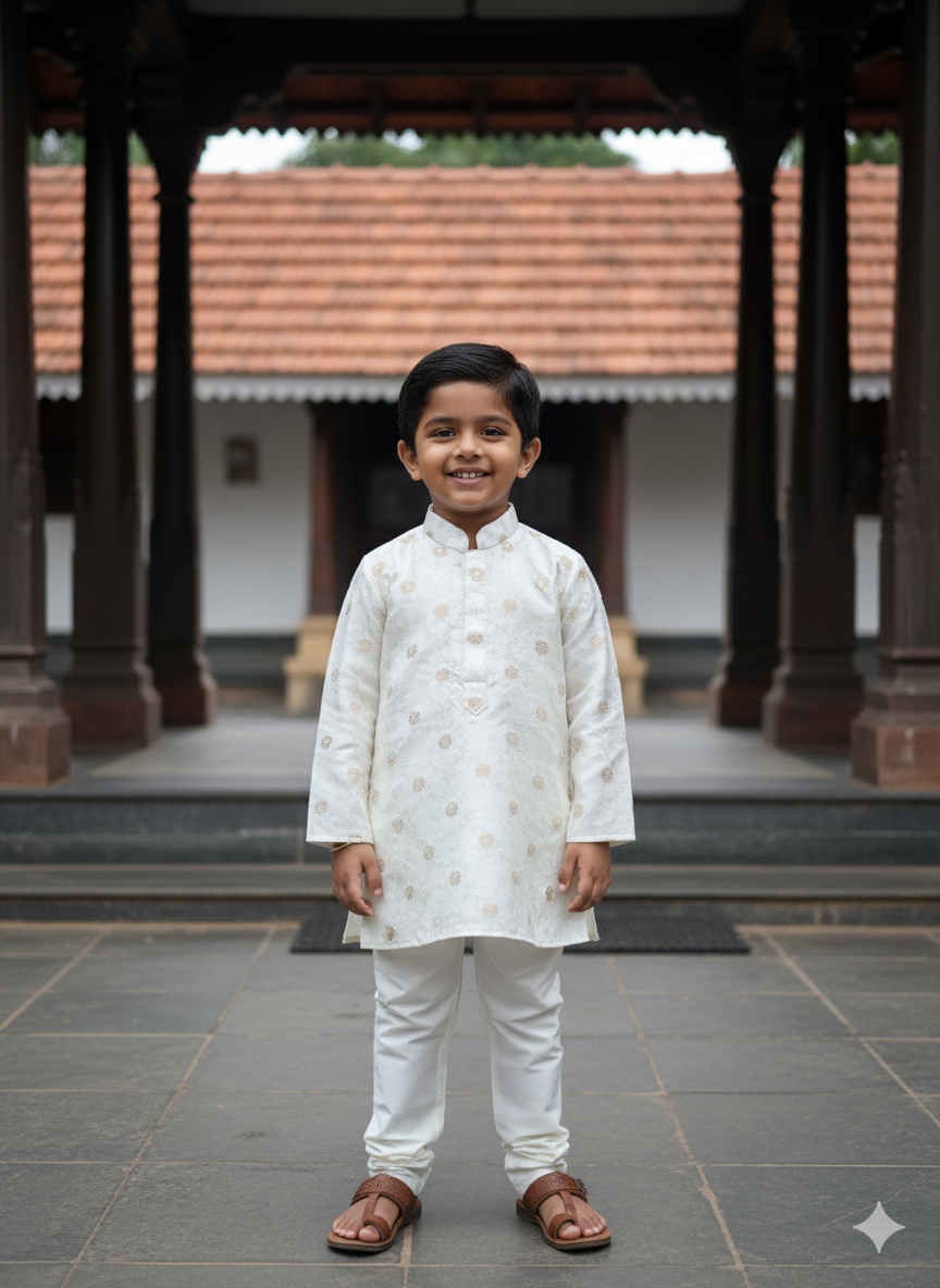 Boys Ivory Kurta Set With Gold Self-Embroidery – Cotton-Lined Premium Traditional Wear (1–7 Years)