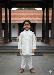 Boys Ivory Kurta Set With Gold Self-Embroidery – Cotton-Lined Premium Traditional Wear (1–7 Years)
