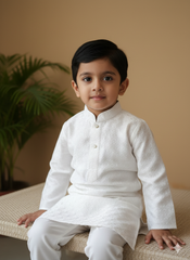 Boys Pure White Textured Kurta Set With Cotton Lining – Elegant Traditional Wear (1–7 Years)