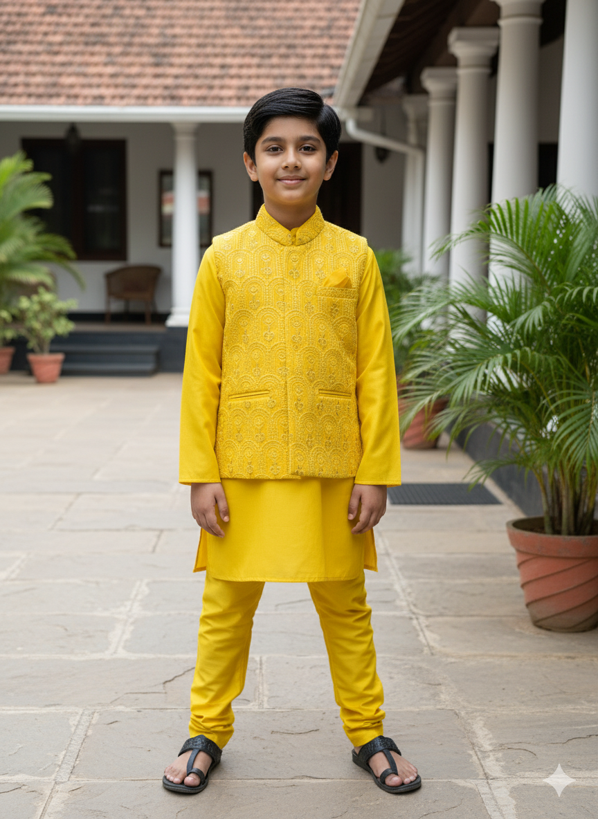 Boys Yellow Kurta Set with Intricate Embroidered Nehru Jacket – Traditional Festive Wear with Cotton Lining (Age 5 to 7 Years)